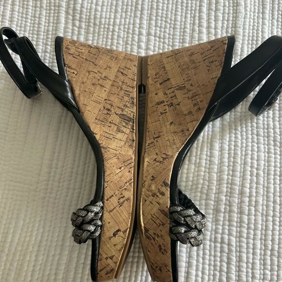 Unisa Women's Black & Sparkly Silver Braided Cork Wedge Strappy Sandals Size 8 - Picture 5 of 12